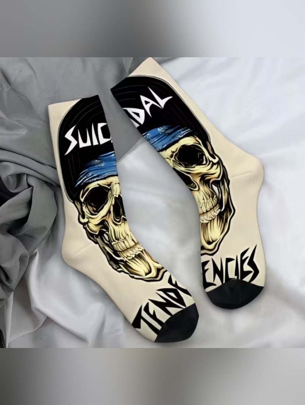 ST Skull Graphic Crew Socks - Beige